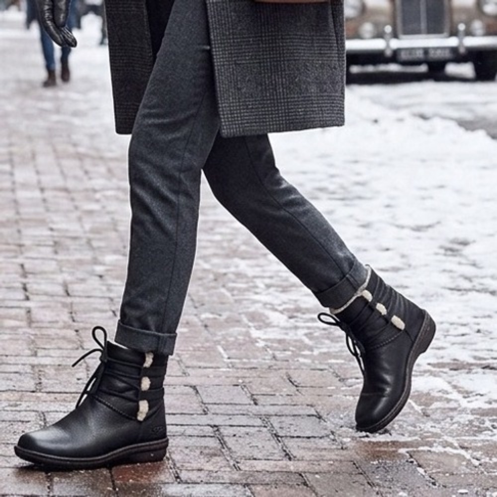Black Leather Women's UGG Winter Boots with Shearling Lining